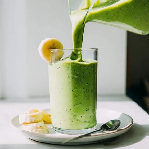 This vibrant spinach-hidden smoothie, packed with fruit, looks lusciously blended and ready to enjoy.