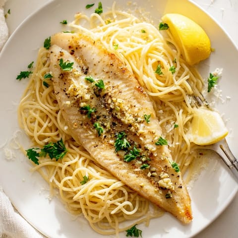 Close-up of tender white fish atop Lemon Bass Pasta, with garlic butter sauce and a squeeze of fresh lemon wedges.