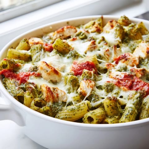 A close-up of creamy Pesto Chicken Pasta Bake with penne pasta, diced chicken, and vibrant green pesto sauce mixed throughout.