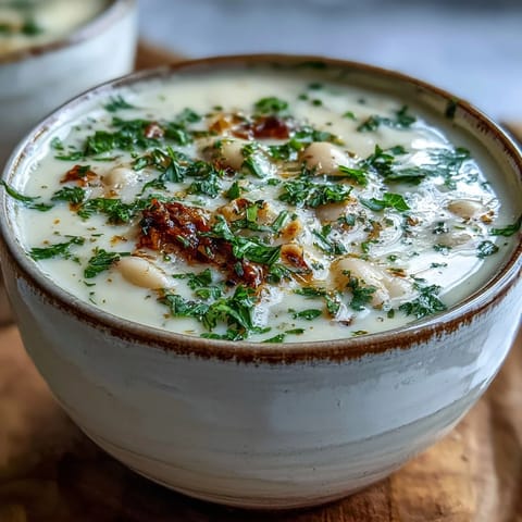 Steaming pot of White Bean and Parmesan Soup on a stovetop, featuring aromatic vegetables, cannellini beans, and a ladle for serving.