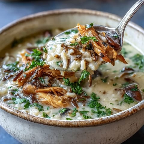 Creamy Parmesan Mushroom Chicken and Wild Rice Soup served alongside crusty artisan bread.