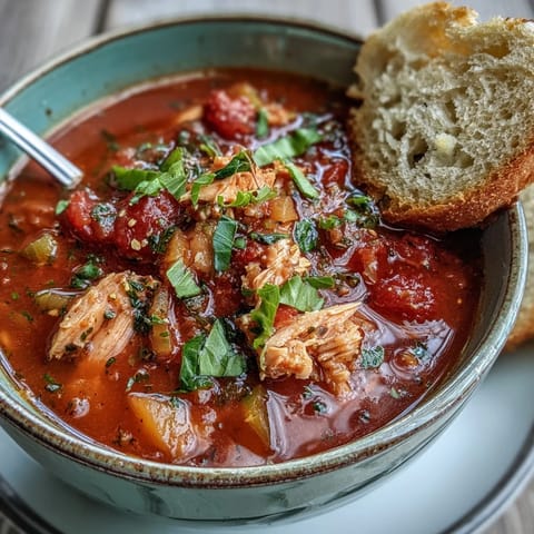 Chunky Tuna and Tomato Soup simmering in a pot, featuring tender tuna flakes and aromatic herbs for a quick dinner.