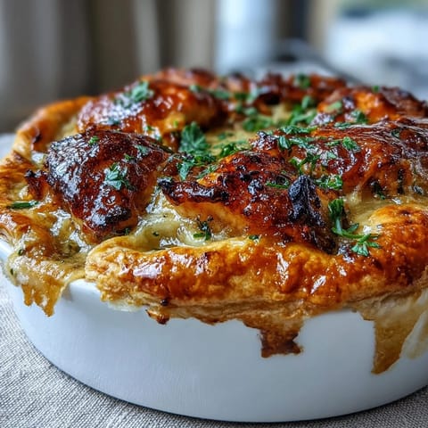 Freshly baked Chicken and Leek Pie with golden, flaky pastry emerging from the oven, revealing a creamy filling of tender chicken, smoky bacon, and sautéed leeks for a cozy dinner.