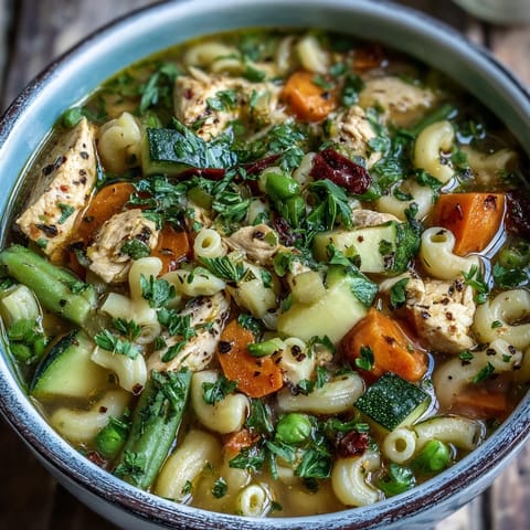 A steaming bowl of Pasta Soup With Chicken and Vegetables garnished with fresh parsley.