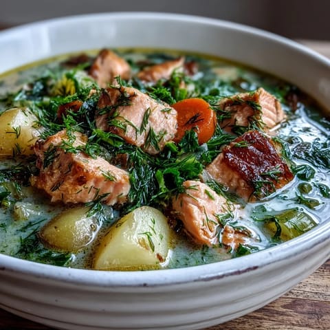 Creamy Finnish Salmon Soup with tender salmon, soft potatoes, and fresh dill, served steaming hot in a rustic bowl.