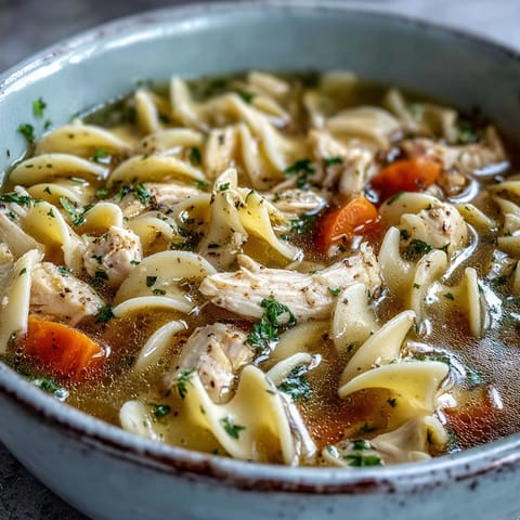 Close-up shot of Chicken Noodle Soup showing colorful vegetables and herbs, served in a rustic ceramic bowl ready to enjoy.