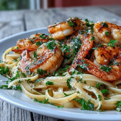 Plump shrimp and linguine coated in a glossy garlic butter wine sauce, topped with fresh parsley and lemon zest.