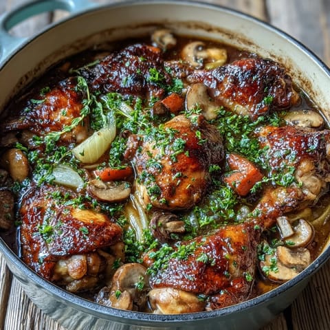 Creamy Coq au Vin Rosé in a white dish, garnished with fresh parsley.