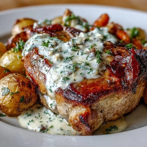 Crockpot Ranch Pork Chops with fork-tender meat and velvety ranch sauce, spooned over soft potatoes and glazed carrots.
