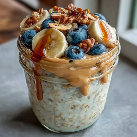 Thick, creamy High-Protein Peanut Butter Overnight Oats layered in a glass jar and topped with fresh fruit.