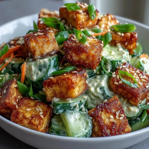 A platter of creamy Asian Cucumber Salad with Crispy Tofu, lime wedges, and chili oil.