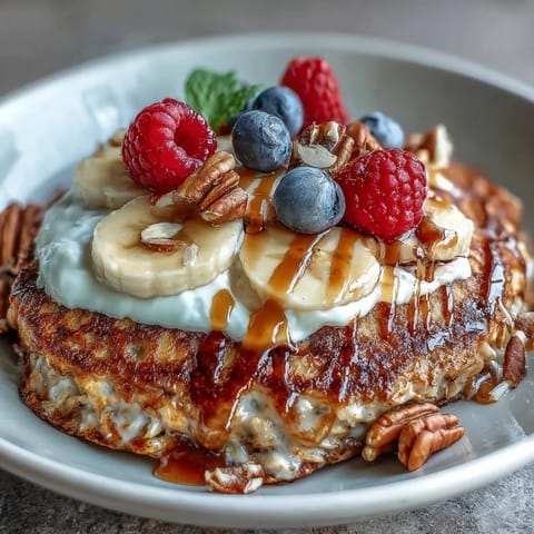Crumbling walnuts and a generous honey drizzle top this hearty Protein Pancake Bowl breakfast.