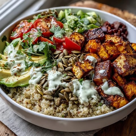 Colorful customizable grain bowl featuring grilled chicken, crisp cucumbers, fresh herbs, and a drizzle of tahini dressing.