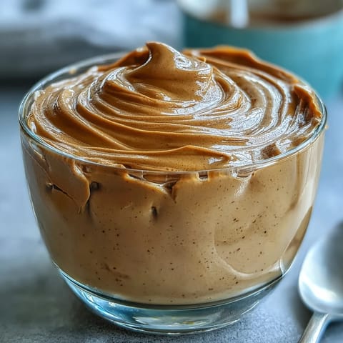 Silky hojicha pastry cream in a glass bowl, showcasing its smooth, beige-brown custard texture for éclairs.