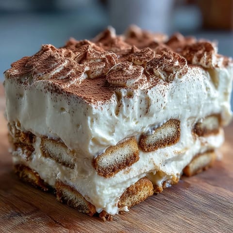 Perfectly layered Hojicha Tiramisu dusted with cocoa powder on a rustic wooden table.