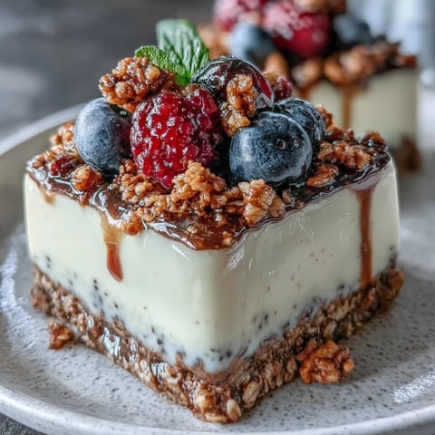 Creamy roasted tea panna cotta layered with fresh berries and granola in a clear glass.