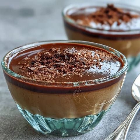 Rich, creamy Hojicha Pudding in a glass, garnished with cocoa powder and a spoon.