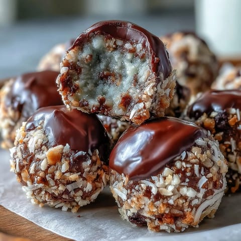 A hand holds a single Moose Bites treat, showcasing the rough graham cracker crust and soft coconut center, perfect for a snack or dessert plate.
