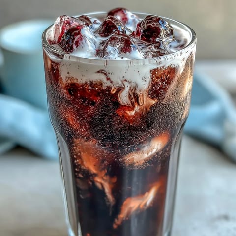 A refreshing Midnight Malibu Dirty Soda featuring Dr Pepper, dark berry drizzle, and a smooth vanilla coconut cream layer.