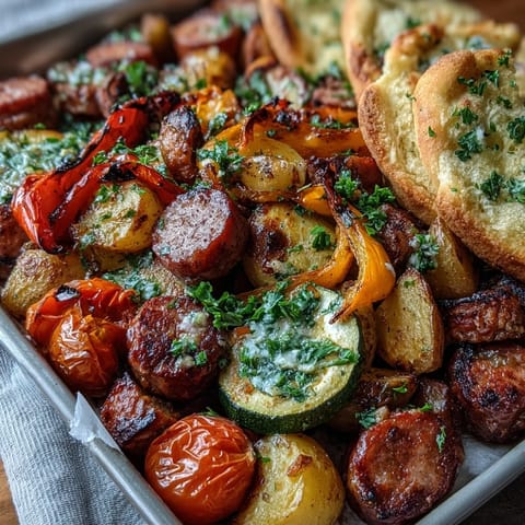 Smoky Sheet Pan Sausage & Veggies with Naan served warm, colorful roasted peppers and zucchini with savory sausage, ready to dunk in garlic naan.