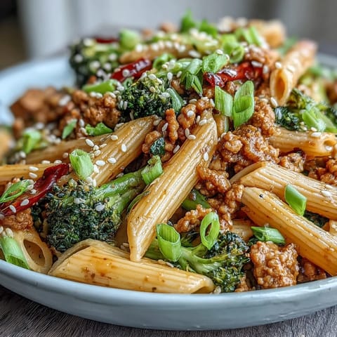 Crisp broccoli florets and red bell pepper add color to the finished pasta dish.