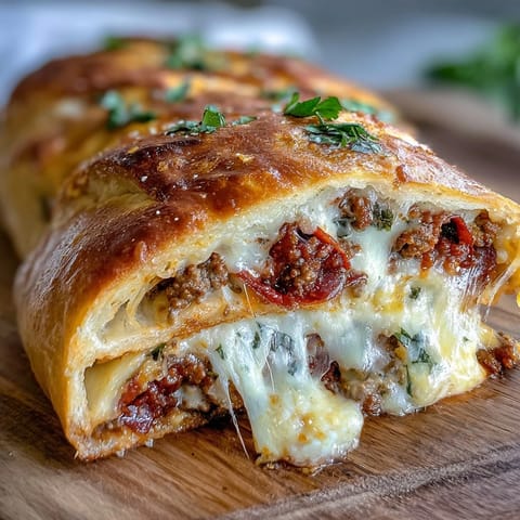 Freshly baked high-protein pepperoni stromboli resting on a wooden board, ready to slice. 