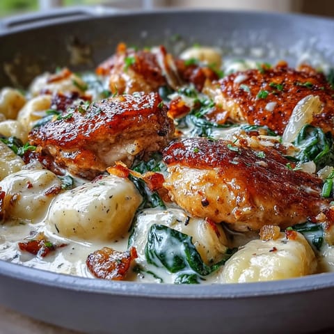 Hearty One-Pan Creamy Garlic Chicken Gnocchi features tender gnocchi and wilted spinach in a rich, garlicky sauce ready to serve.