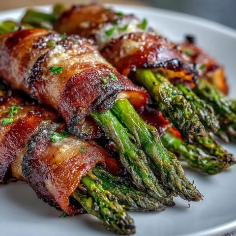 Tender asparagus spears bundled in smoky bacon topped with Parmesan, served hot as an easy keto side dish.