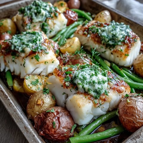 Fragrant garlic herb butter melting over baked cod fillets, paired with golden potatoes and crisp-tender green beans for a wholesome weeknight dinner.