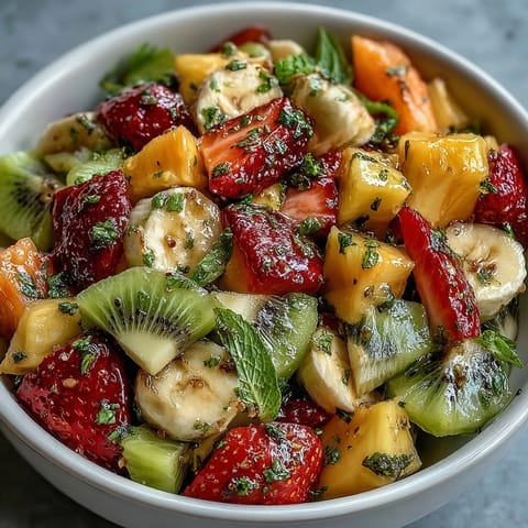 Freshly tossed Tropical Fruit Salad with Mint Lime Dressing, piled high with watermelon, papaya, and strawberries in a rustic bowl.