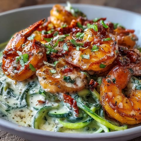 A close-up of Keto Creamy Garlic Tuscan Shrimp with Zucchini Noodles, highlighting juicy shrimp coated in garlicky sauce and wilted spinach.