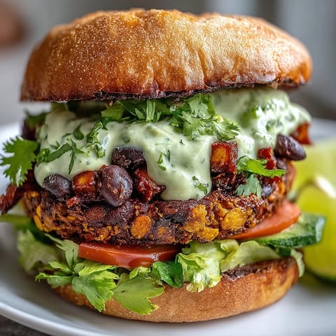 Vegan Sweet Potato Black Bean Burgers topped with creamy avocado lime sauce and fresh tomato slices on a toasted bun.