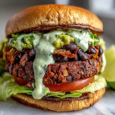A close-up of golden brown Vegan Sweet Potato Black Bean Burgers next to a vibrant green avocado lime sauce drizzle.
