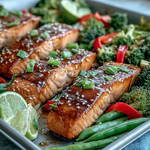 Freshly roasted Sheet Pan Teriyaki Salmon with Broccoli and Snap Peas garnished with scallions and sesame seeds on a sheet pan.