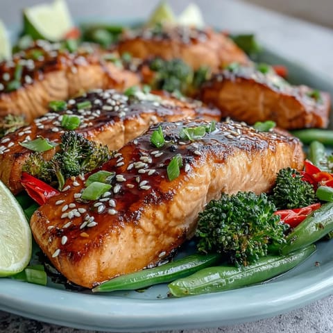 Golden-brown Sheet Pan Teriyaki Salmon with Broccoli and Snap Peas, glazed and served with jasmine rice and lime wedges.