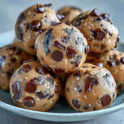 Golden-brown Vegan Chickpea Cookie Dough Bites with dark chocolate chips piled on a rustic wooden board.