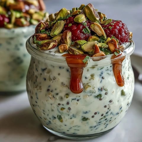 Nutty overnight oats layered with milk, yogurt, and pistachios, topped with fresh berries and extra nuts.  