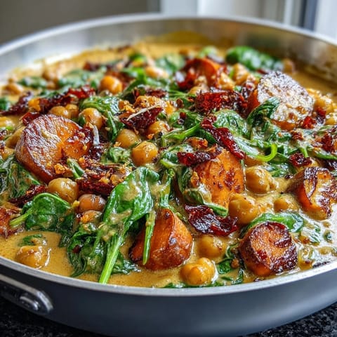 Creamy coconut curry chickpea skillet with spinach and sweet potato, a fragrant vegan one-pan meal packed with tender veggies and rich coconut sauce.