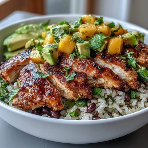 Mango avocado salsa chicken bowls with brown rice and black beans in a colorful, fresh, healthy bowl.