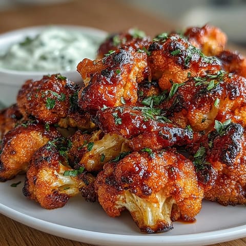 Spicy buffalo-sauced cauliflower bites paired with a creamy Greek yogurt ranch dip, perfect for keto-friendly snacking or game day.  