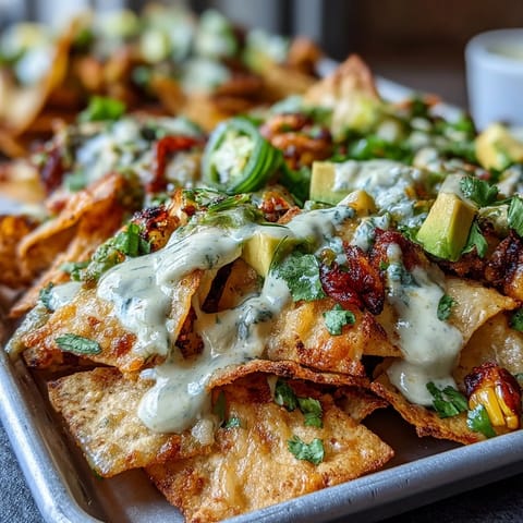 Crispy tortilla chips loaded with roasted veggies, salsa verde, and creamy cashew queso for a vibrant vegan nacho feast.  