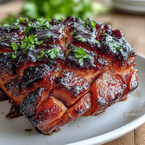 A golden baked ham glazed with rich black currant jam and Dijon mustard, glistening under the oven's heat.