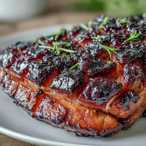 Succulent slices of black currant jam glazed ham, perfect for festive holiday dinners or Sunday gatherings.