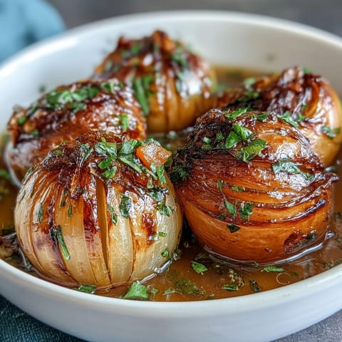 Soft, buttery onions in a savory broth with garlic and herbs, perfect for a comforting vegetarian main or snack.  