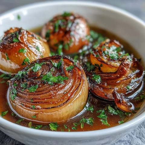 Aromatic onion boil ASMR recipe with tender whole onions simmered in a buttery spiced broth, garnished with fresh parsley.  