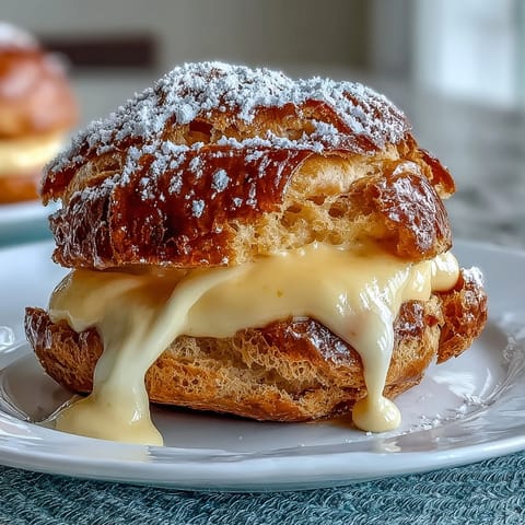Fluffy cream puffs bursting with luscious mango pastry cream, offering a sweet and tangy tropical flavor in every bite.  