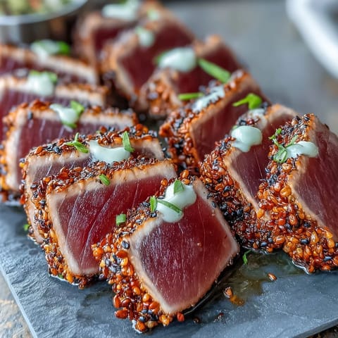 Crunchy black and white sesame crusted tuna steaks drizzled with zesty wasabi mayo and sliced thin.