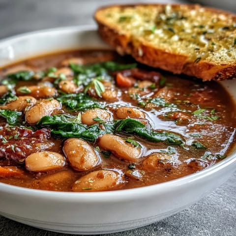 Creamy Tuscan white bean soup with fresh vegetables and garlic bread, perfect for a cozy dinner.  
