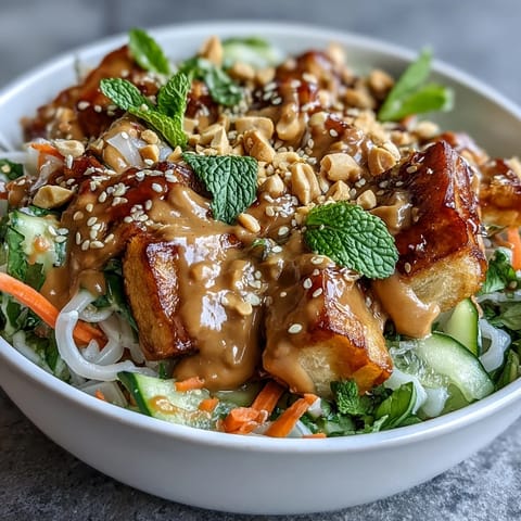 Asian Spring Roll Bowl with Peanut Sauce: Crisp carrots, cucumber, and bell pepper arranged over noodles, topped with herbs and a rich peanut dressing for an easy Asian-inspired dish.