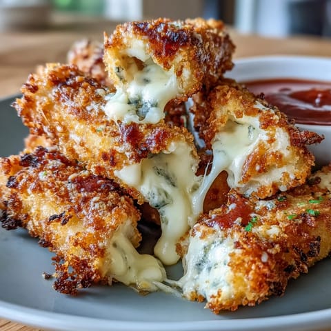 Crispy mozzarella sticks fresh from the air fryer, paired with a warm, garlicky marinara sauce for an irresistible appetizer.  